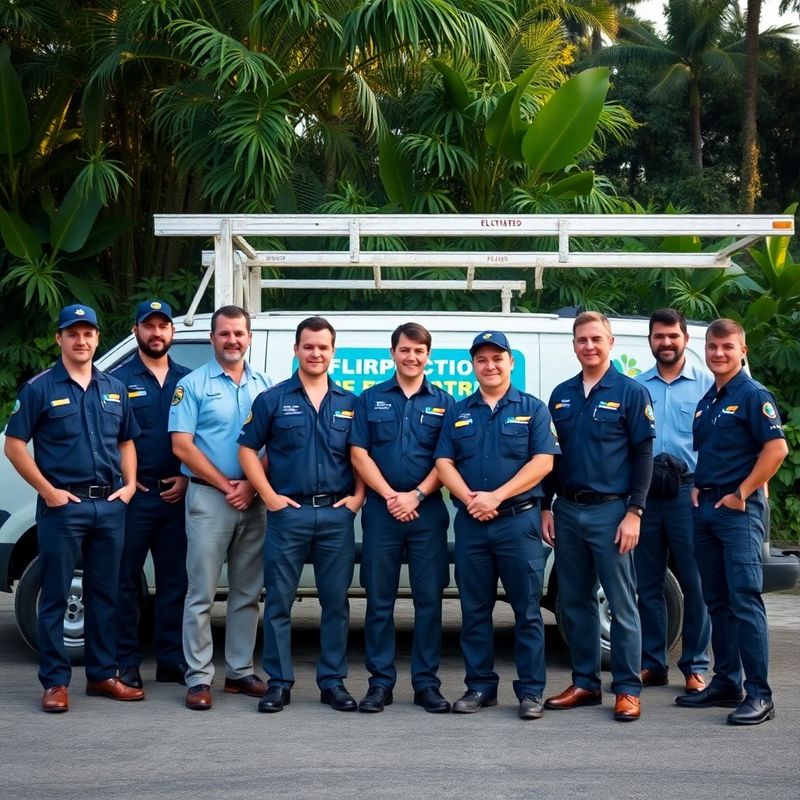 Retrato del equipo de ocho electricistas uniformados junto al vehículo de trabajo de Moderno Atelier en un entorno verde de Guanacaste