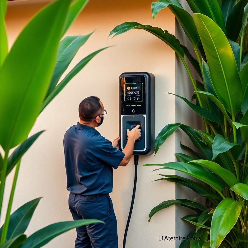 Técnico instalando un cargador EV Level 2 en una pared exterior color crema rodeada de plantas tropicales en Liberia