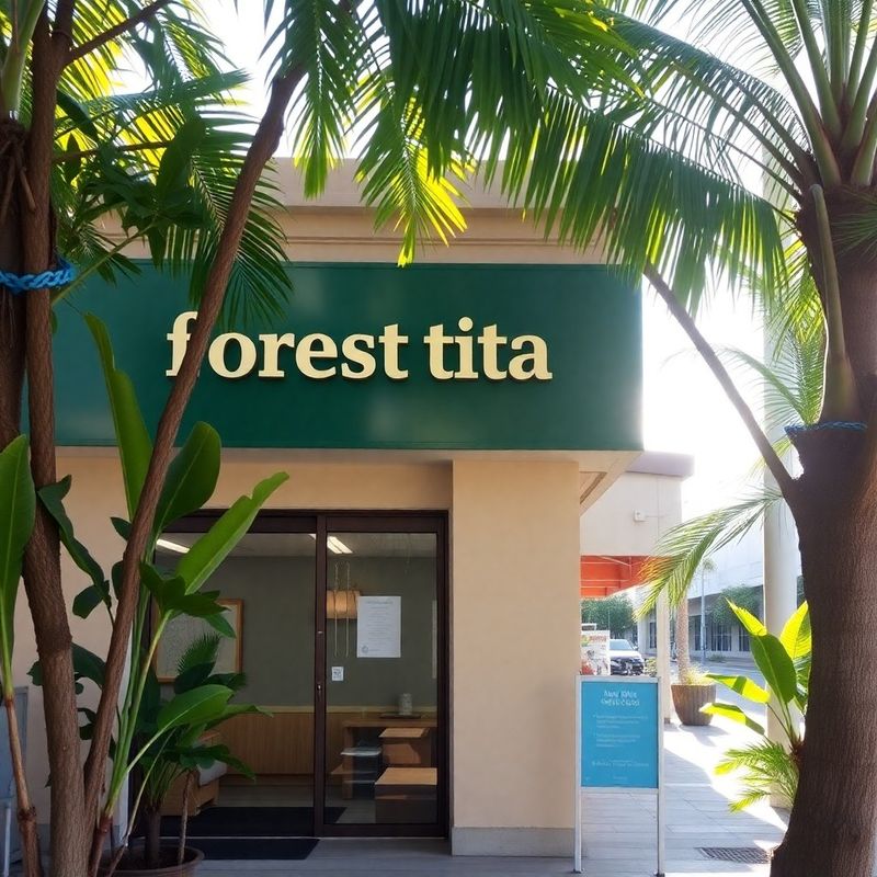 Exterior de la oficina de Moderno Atelier en Calle Central, Liberia, con rótulo verde bosque y letras color crema