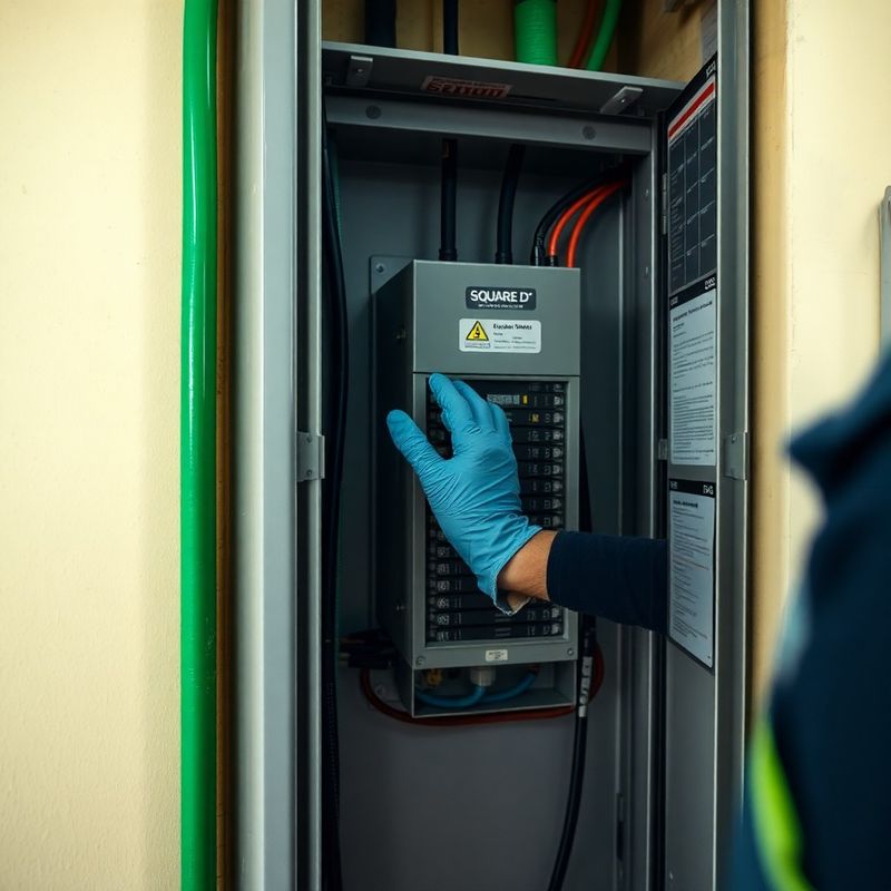 Primer plano de un panel eléctrico Square D moderno siendo inspeccionado por un técnico con guantes