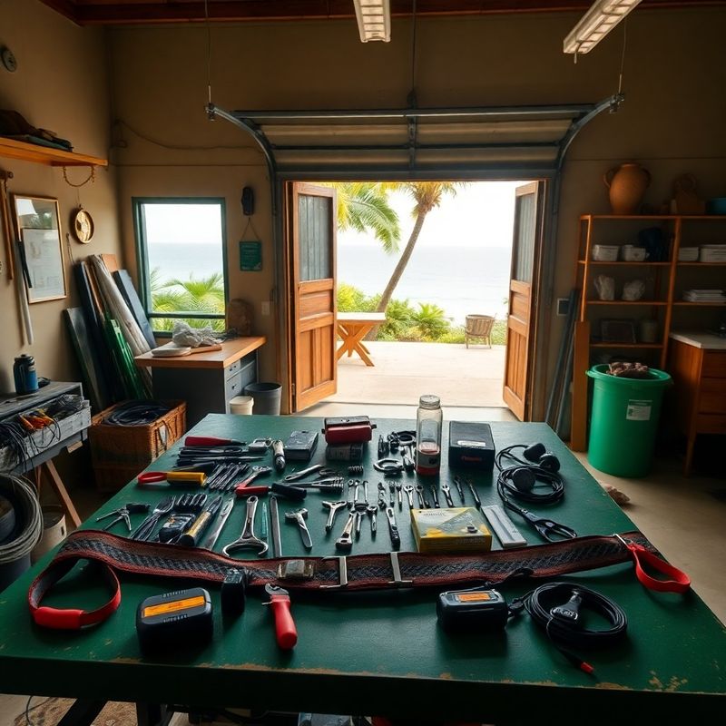 Cinturón de herramientas y suministros eléctricos ordenados sobre una mesa de trabajo verde bosque en un taller en Liberia