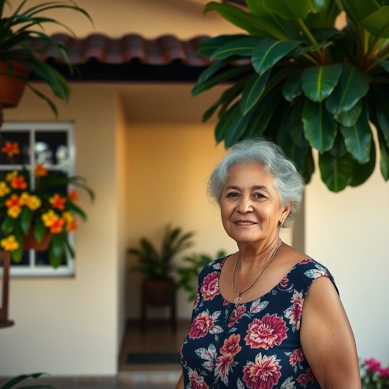Retrato de Patricia Vargas, propietaria de un bed and breakfast en Liberia, frente a la fachada crema y flores tropicales