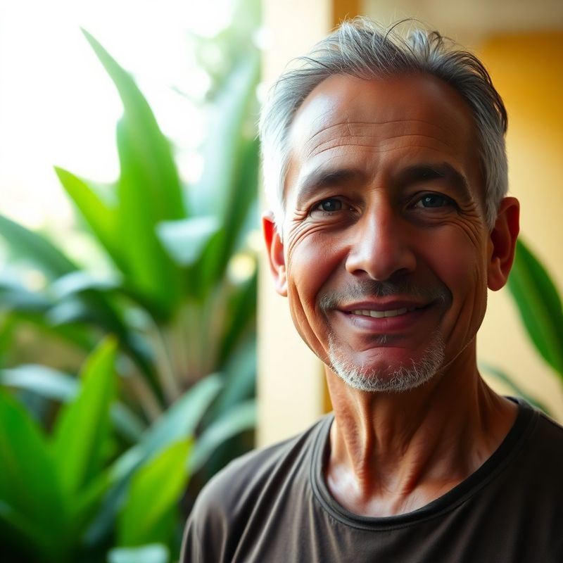 Retrato de Carlos Sequeira, residente de Liberia, en el jardín de su casa con fondo tropical