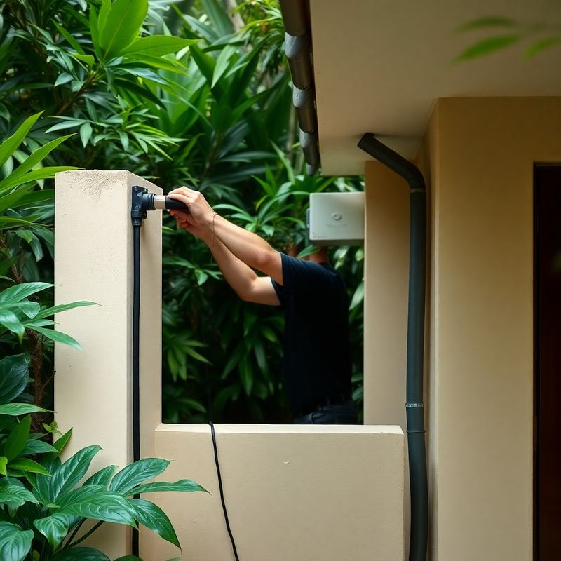Electricista fijando tubería estanca en la pared exterior de una villa tropical en Costa Rica